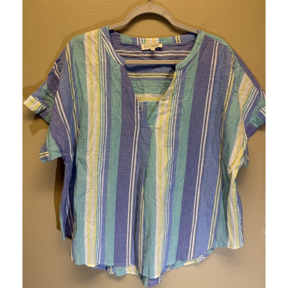 Escape By Habitat Top Popover Large Blue Stripe Beach Airy  V Neck Short Sleeve